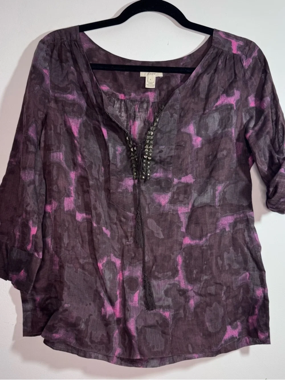 J.Crew Blouse Purple Pink Abstract Beaded Tassel Roll Tab Top